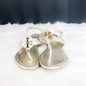 Tory Burch Gold Metallic T Strap Sandals Size 10.5